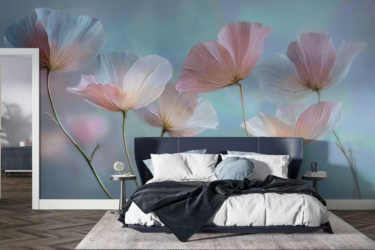 Fototapete Transparente Blütenblätter in Pastellrosa- und Blautönen w04621