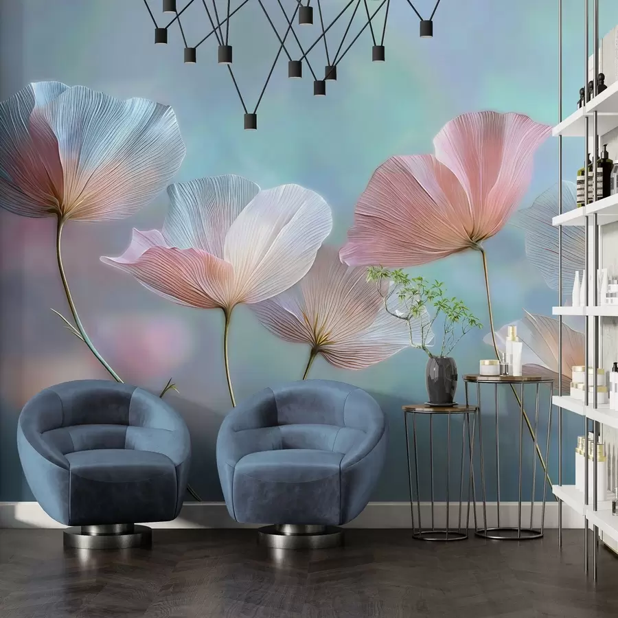 Fototapete Transparente Blütenblätter in Pastellrosa- und Blautönen w04621
