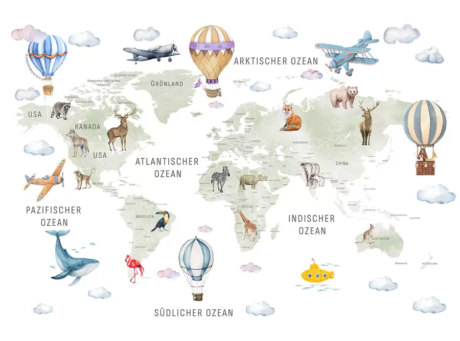 Fototapete Kinderkarte im Aquarellstil mit Tieren und Heißluftballons. Deutsche Sprache. Grüne Farbe. c00001de