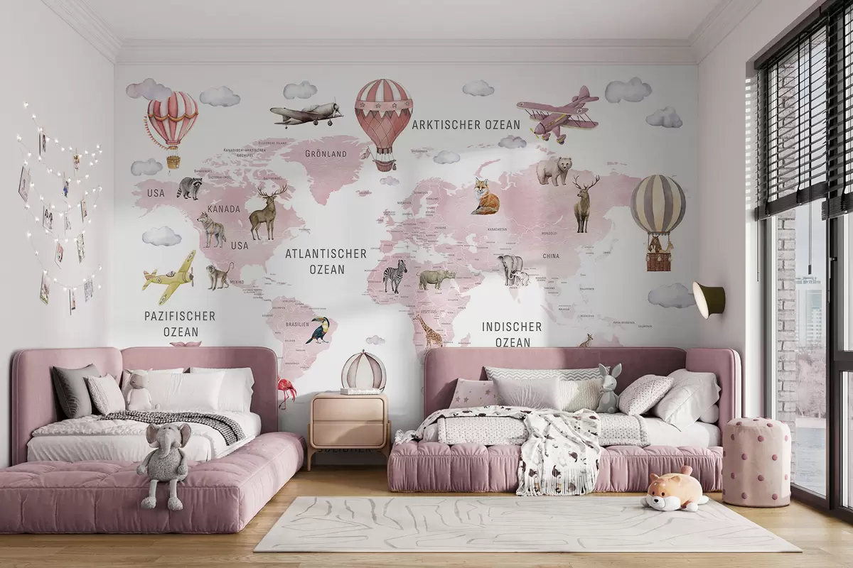 Fototapete Kinderkarte im Aquarellstil mit Tieren und Heißluftballons. Deutsche Sprache. Rosa Farbe. c00001dev3