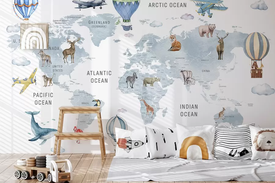 Fototapete Wasserfarben-Karte für Kinder mit Tieren und Heißluftballons. Englische Sprache. Blaue Farbe. c00001env1