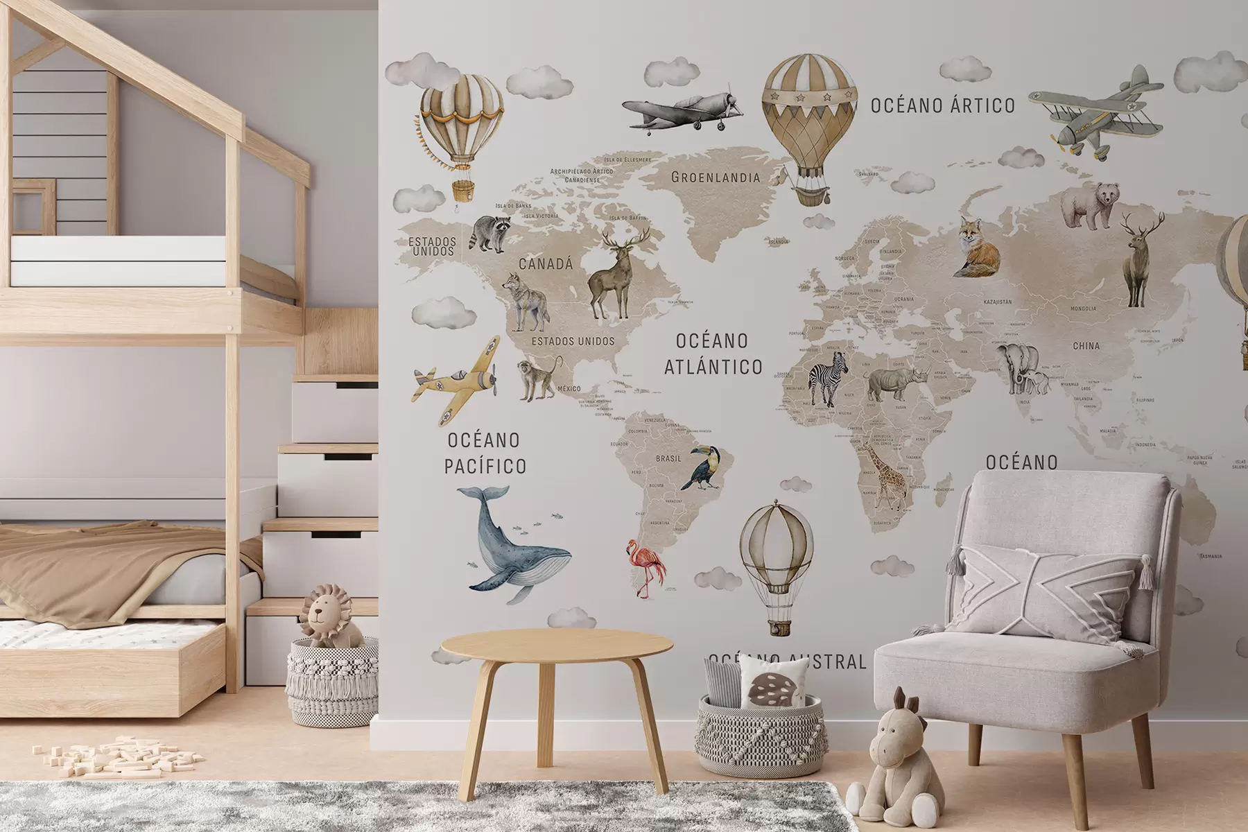 Fototapete Wasserfarben-Karte für Kinder mit Tieren und Heißluftballons. Spanische Sprache. Beige c00001esv2