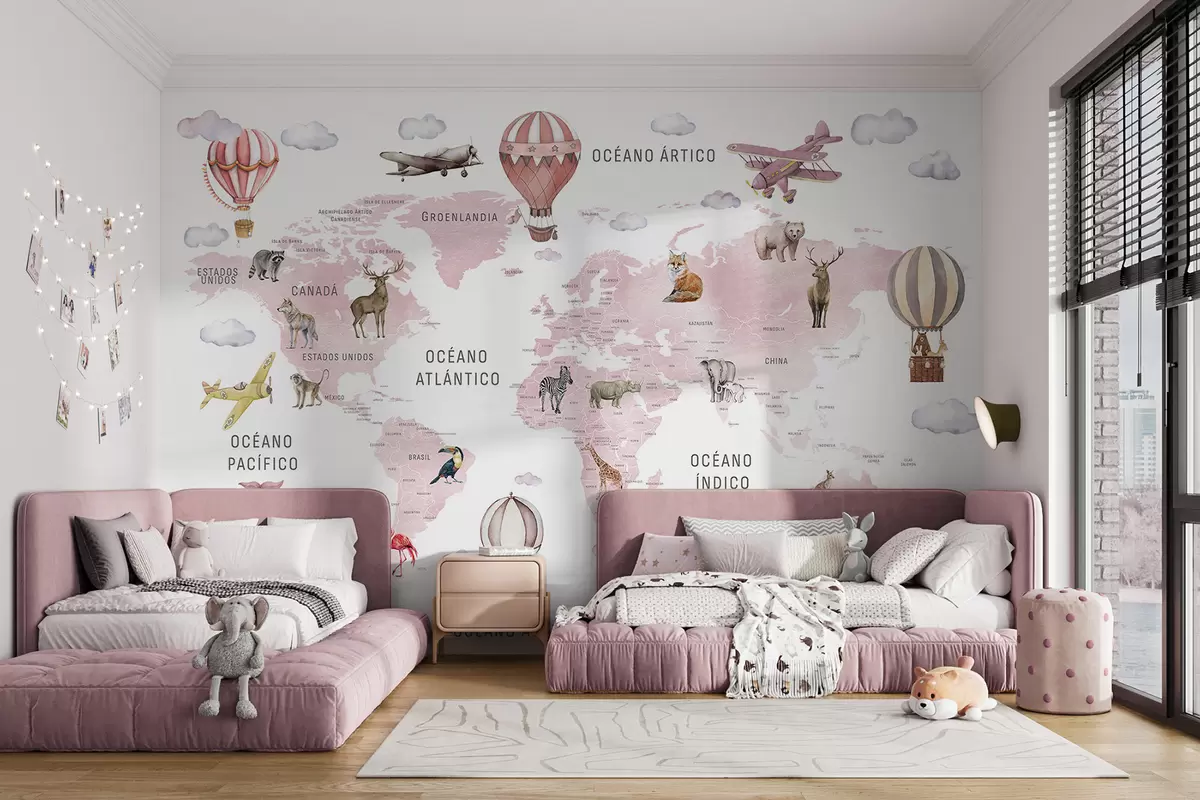 Fototapete Kinderkarte im Aquarellstil mit Tieren und Heißluftballons. Spanische Sprache. Rosa Farbe. c00001esv3