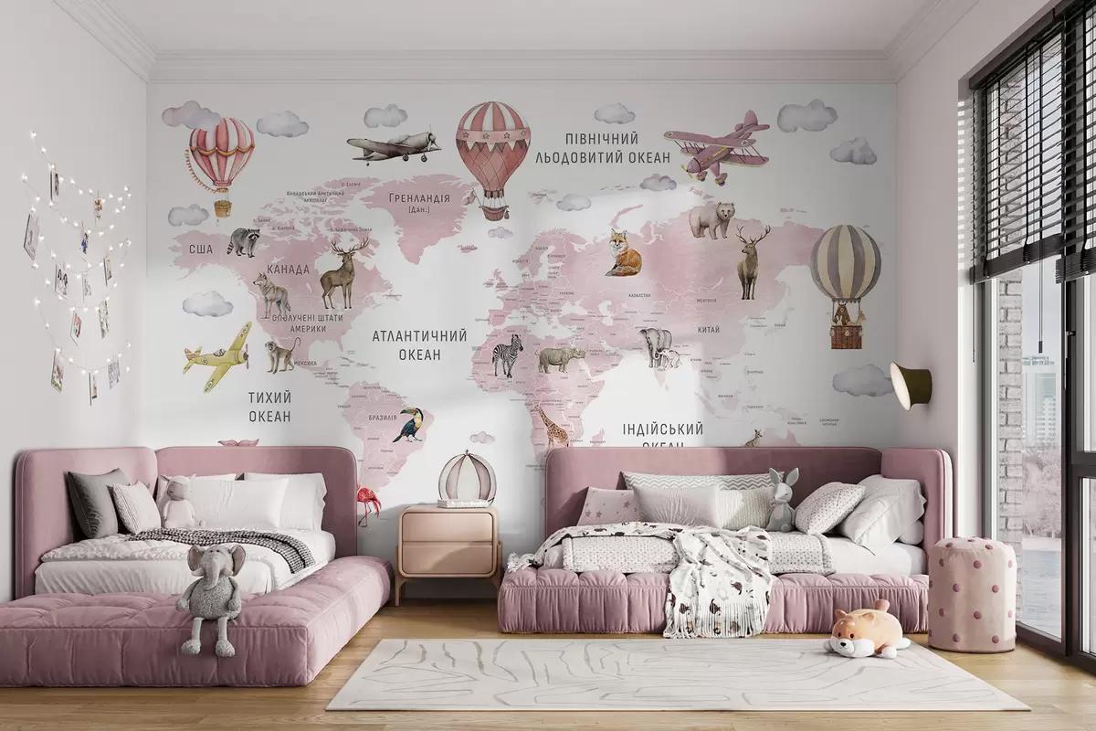 Fototapete Kinderkarte im Aquarellstil mit Tieren und Heißluftballons. Ukrainische Sprache. Rosa Farbe. c00001ukv3