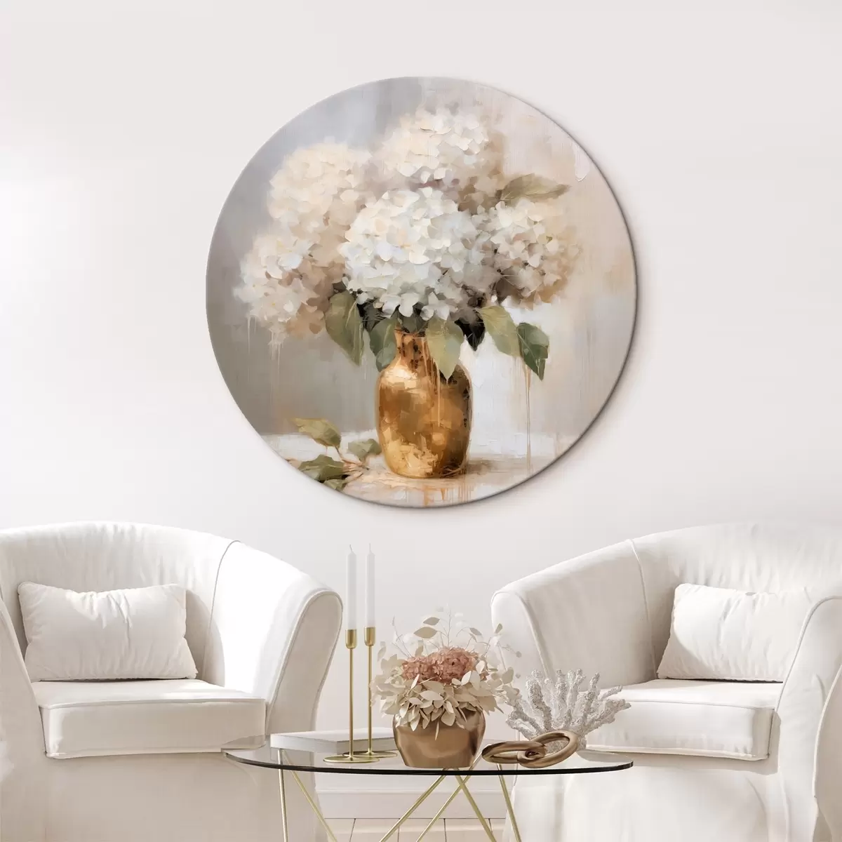 Runde Wandbilder Zarter Strauß Hortensien in einer Vase r46263