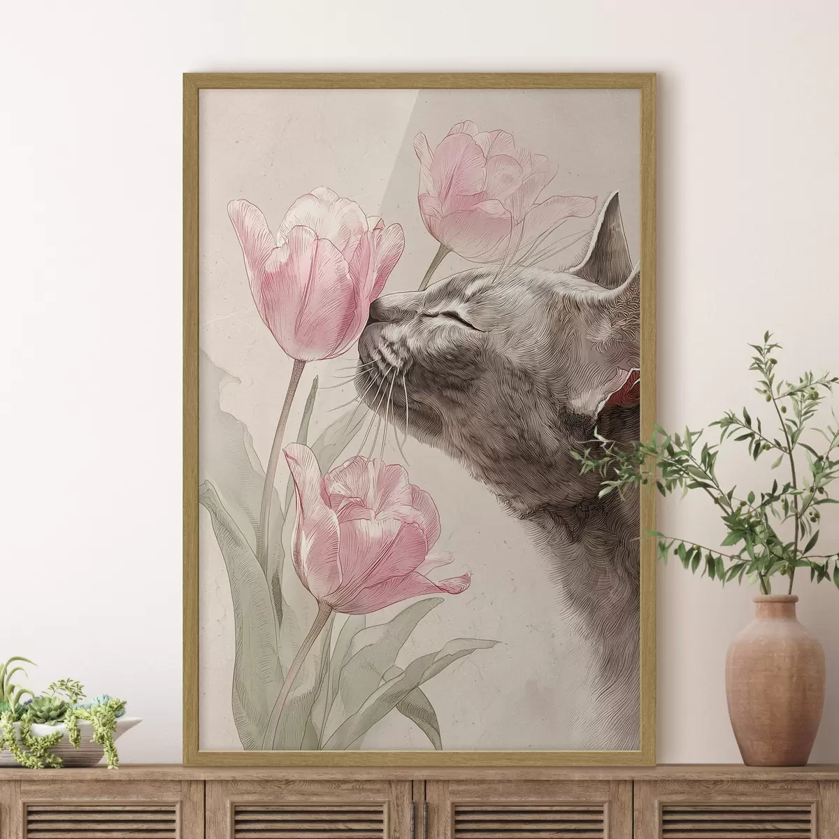 Poster Katze und Blumen f46427