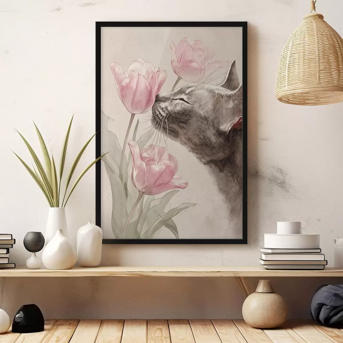 Poster Katze und Blumen f46427