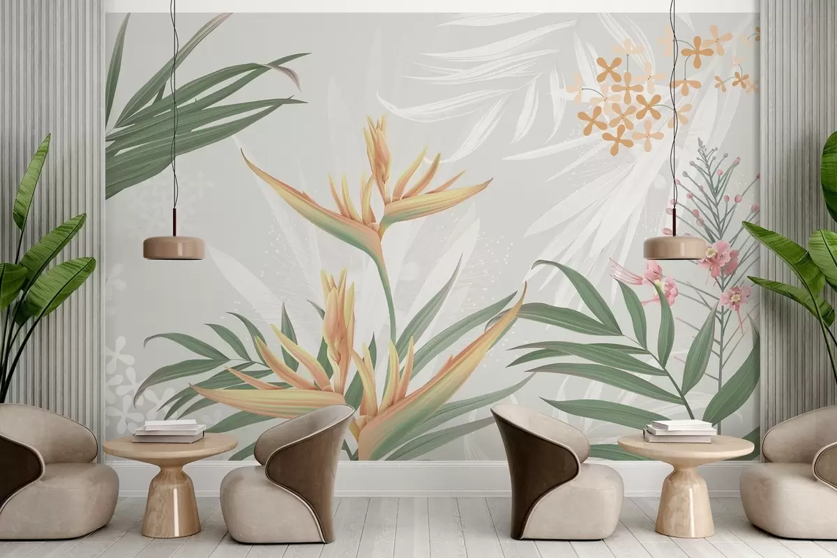 Fototapete Exotische Strelitzia-Blüten im Laub w04783