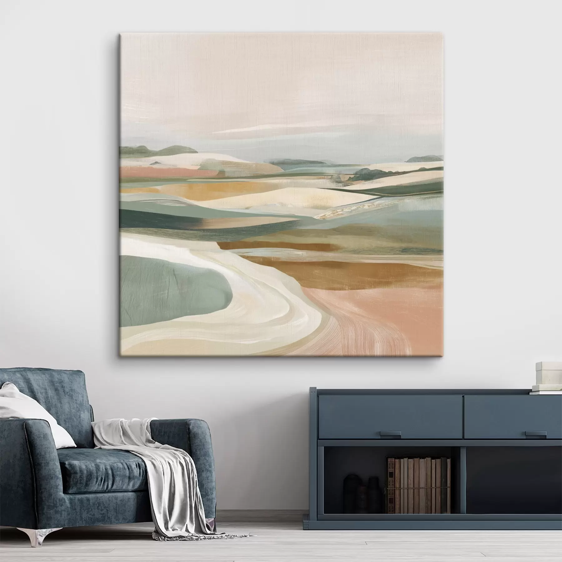 Fototapete Landschaftsansicht mit Feldern und Straße im Aquarellstil s46317