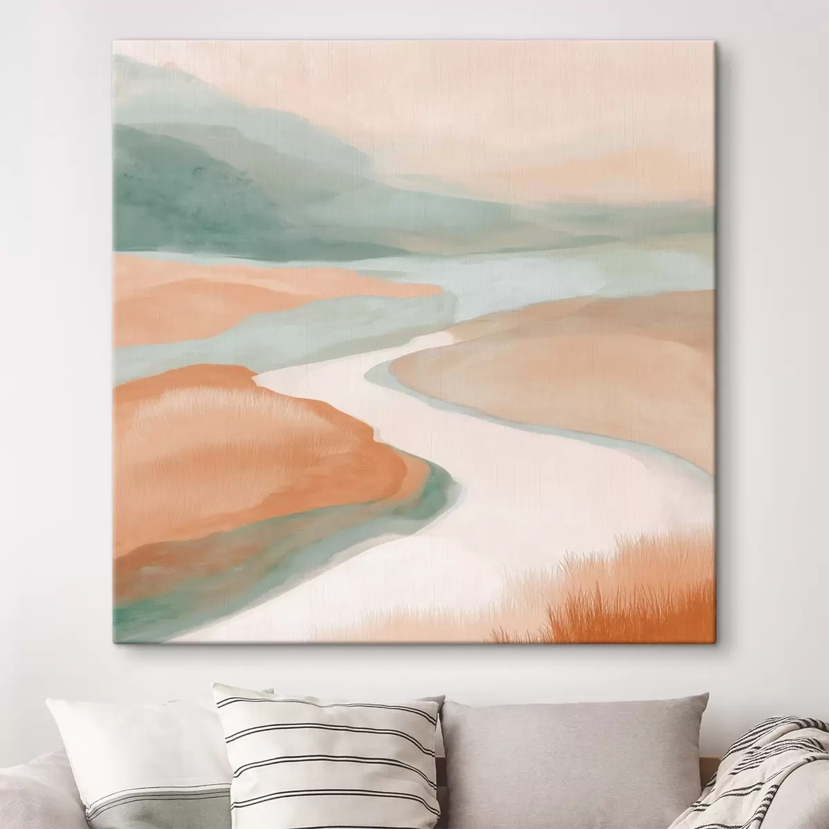 Fototapete Abstrakte Landschaft mit einem Fluss in Orange und Grün s46316