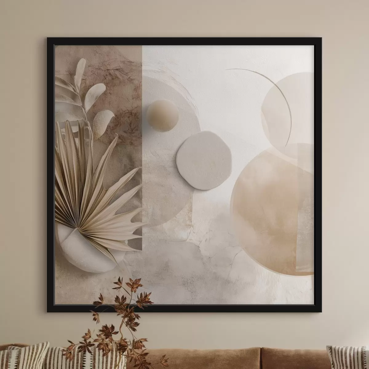 Poster Getrocknete Palmblätter und 3D-Kreise in Beigetönen f46310