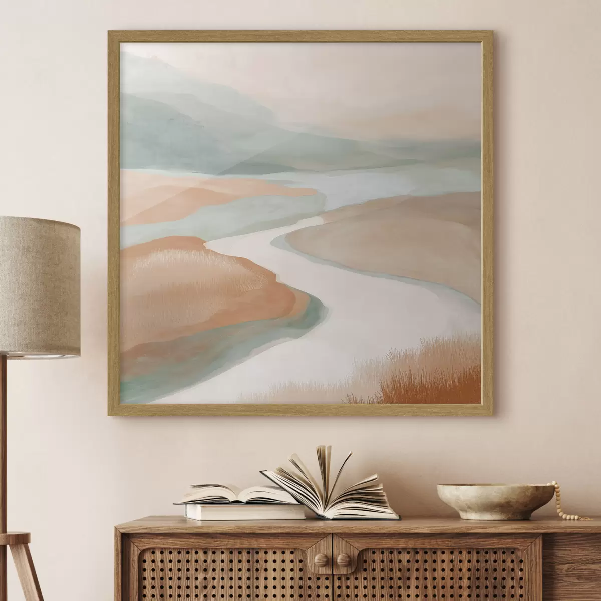 Poster Abstrakte Landschaft mit einem Fluss in Orange und Grün f46316