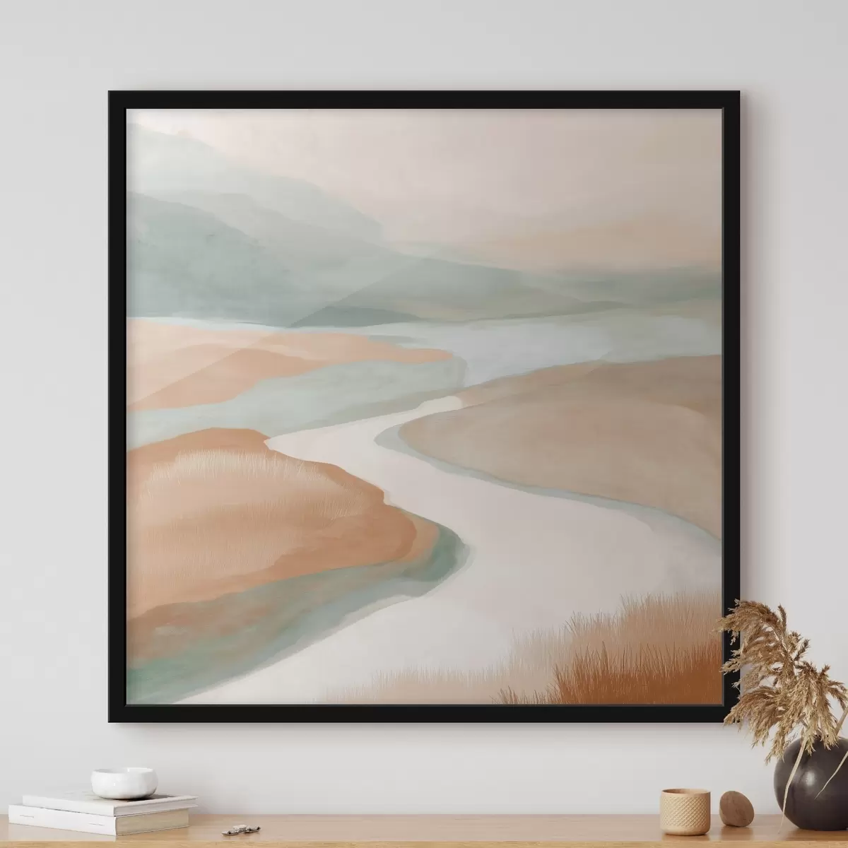 Poster Abstrakte Landschaft mit einem Fluss in Orange und Grün f46316