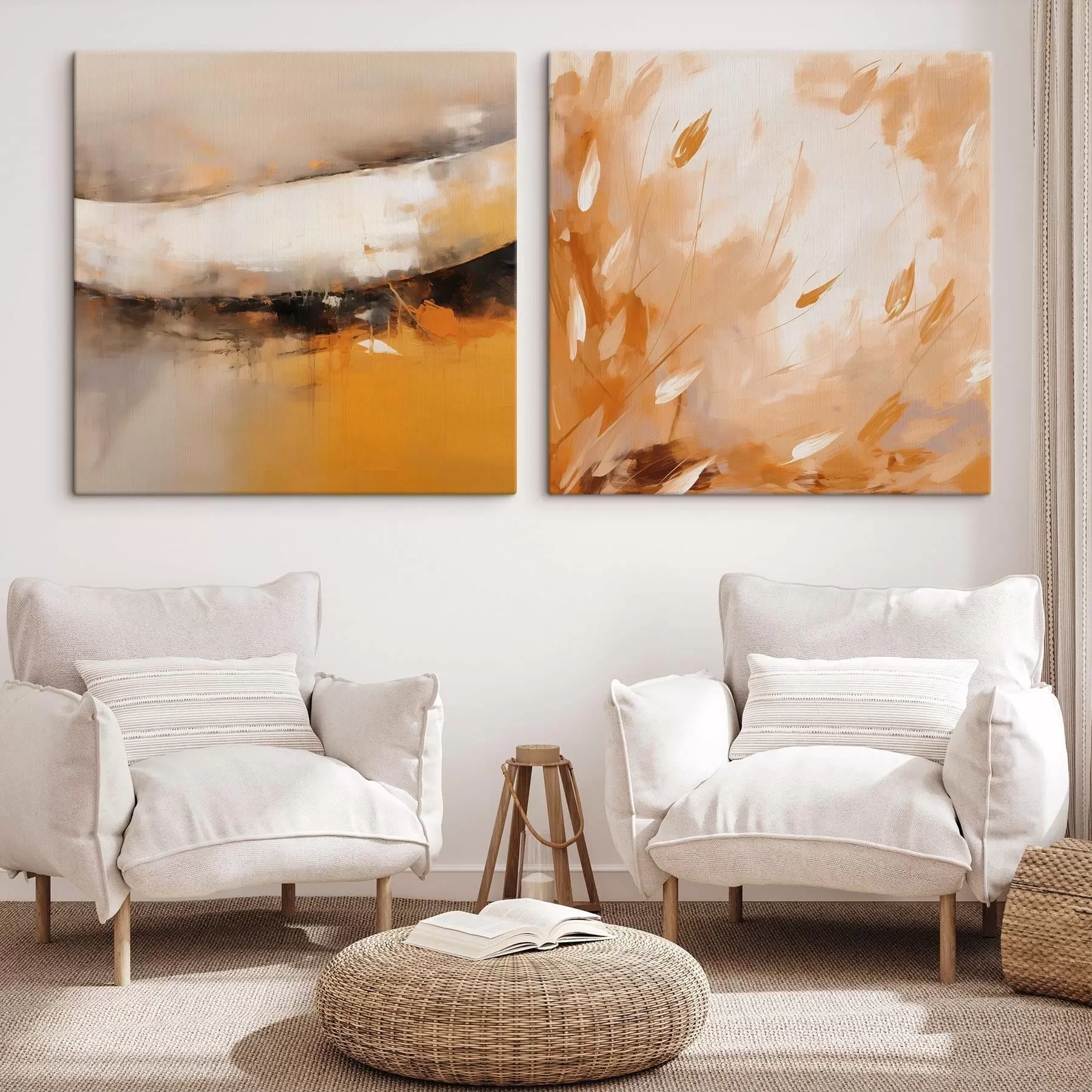 Fototapete Abstraktes Diptychon im Ölstil mit gelb-orangefarbenen und schwarzen Tönen m00897