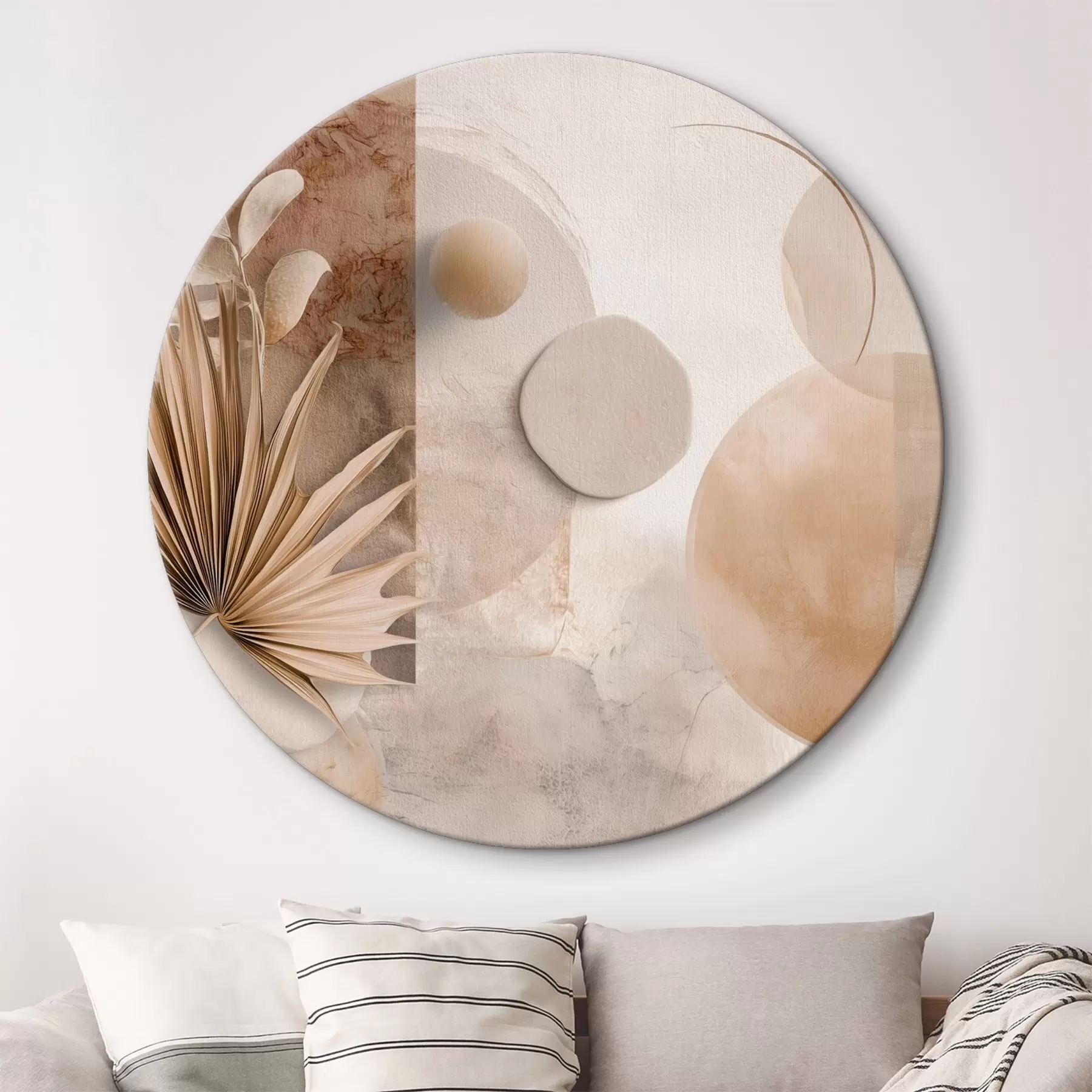 Fototapete Getrocknete Palmblätter und 3D-Kreise in Beigetönen r46310