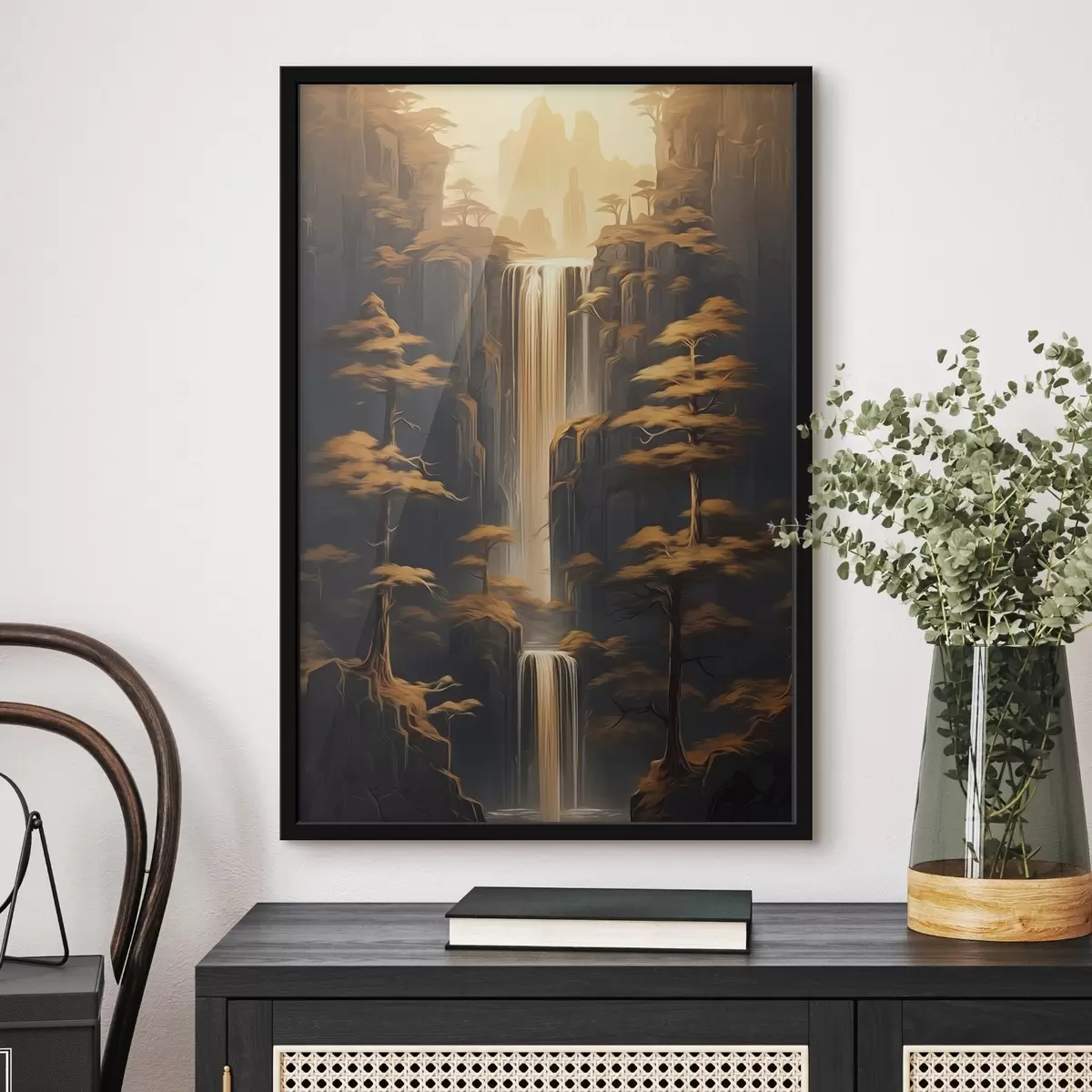 Poster Hohe Klippen mit einem Wasserfall und Kiefern im Abendlicht f46151