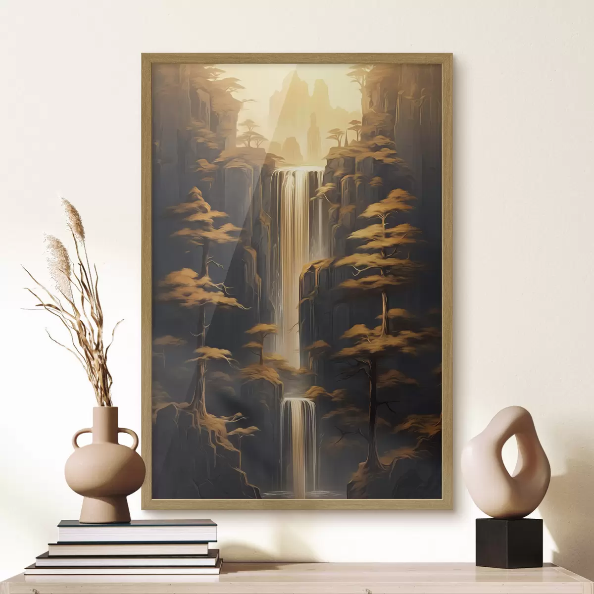 Poster Hohe Klippen mit einem Wasserfall und Kiefern im Abendlicht f46151