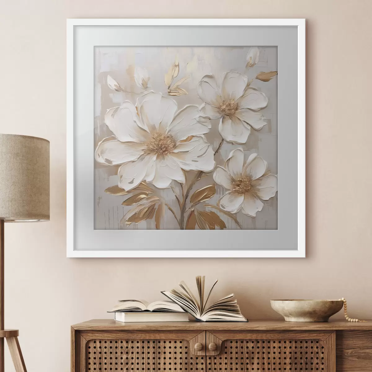 Poster Strukturierte Blumen auf hellem Hintergrund mit warmen Farbtönen f46166