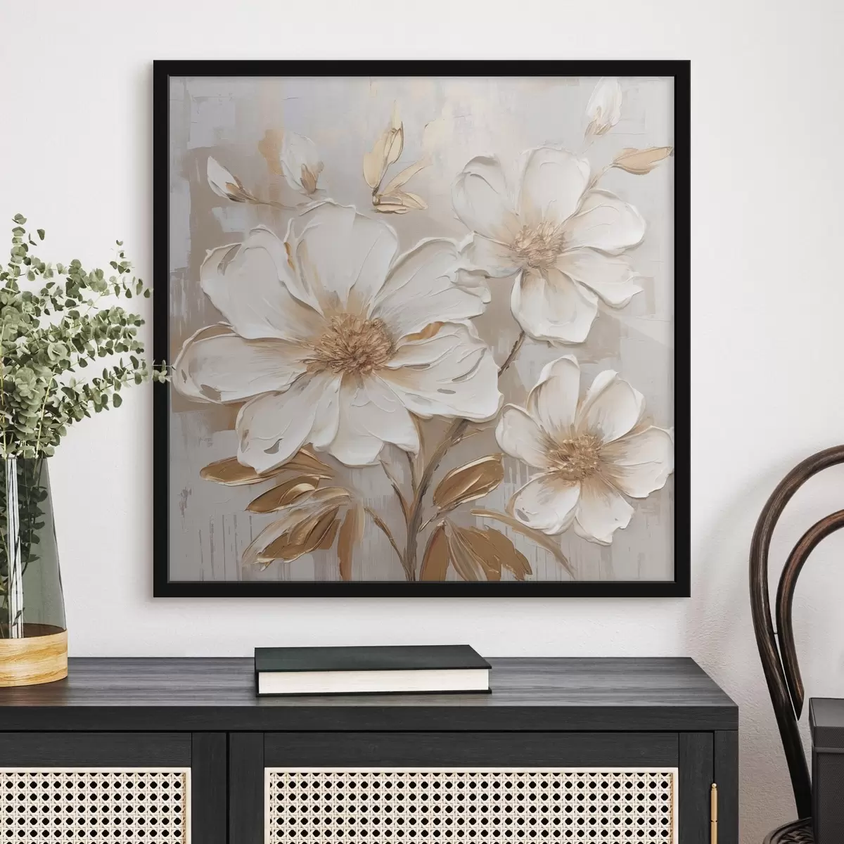 Poster Strukturierte Blumen auf hellem Hintergrund mit warmen Farbtönen f46166