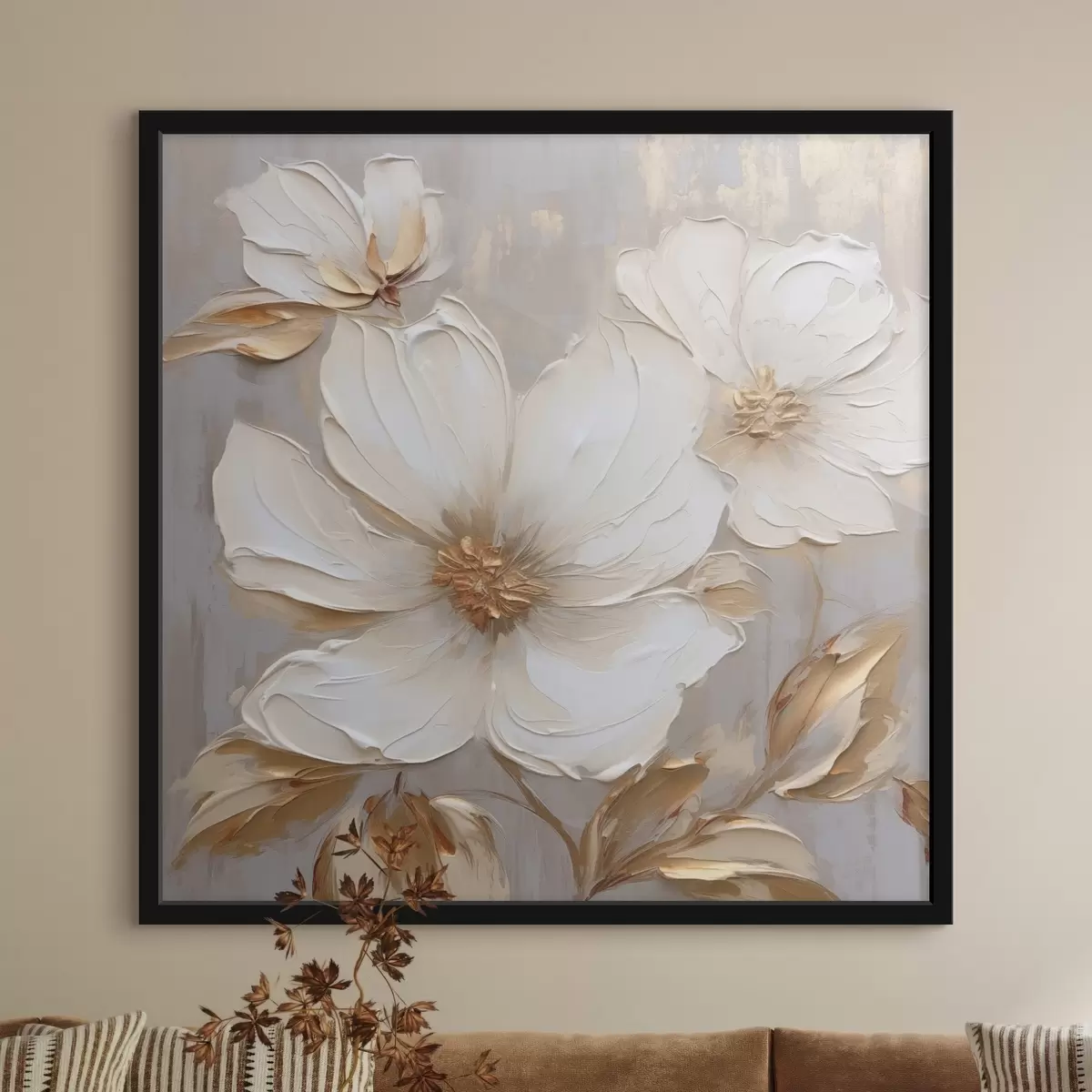 Poster Große strukturierte Blumen mit Pinselstrichen in warmen Farben f46176
