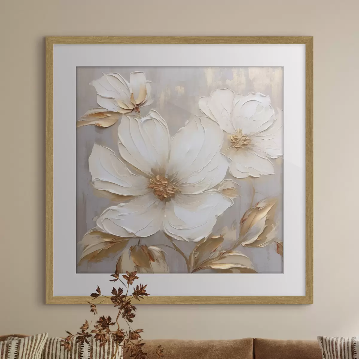 Poster Große strukturierte Blumen mit Pinselstrichen in warmen Farben f46176