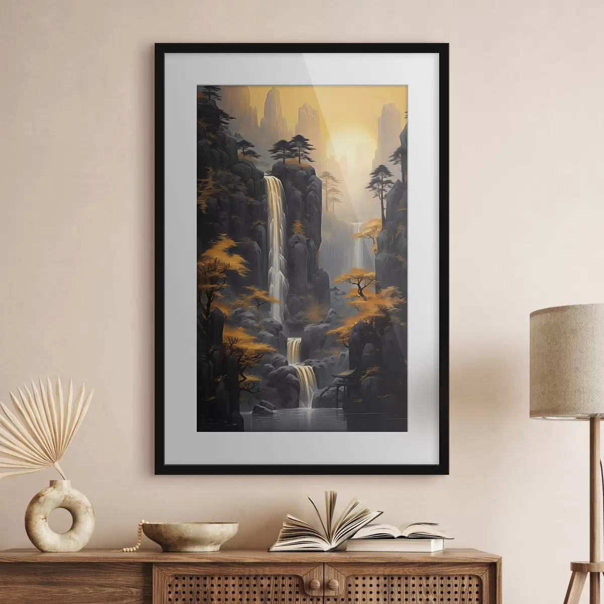 Poster Felsige Landschaft mit einem Wasserfall in warmen Sonnenuntergangsfarben f46177