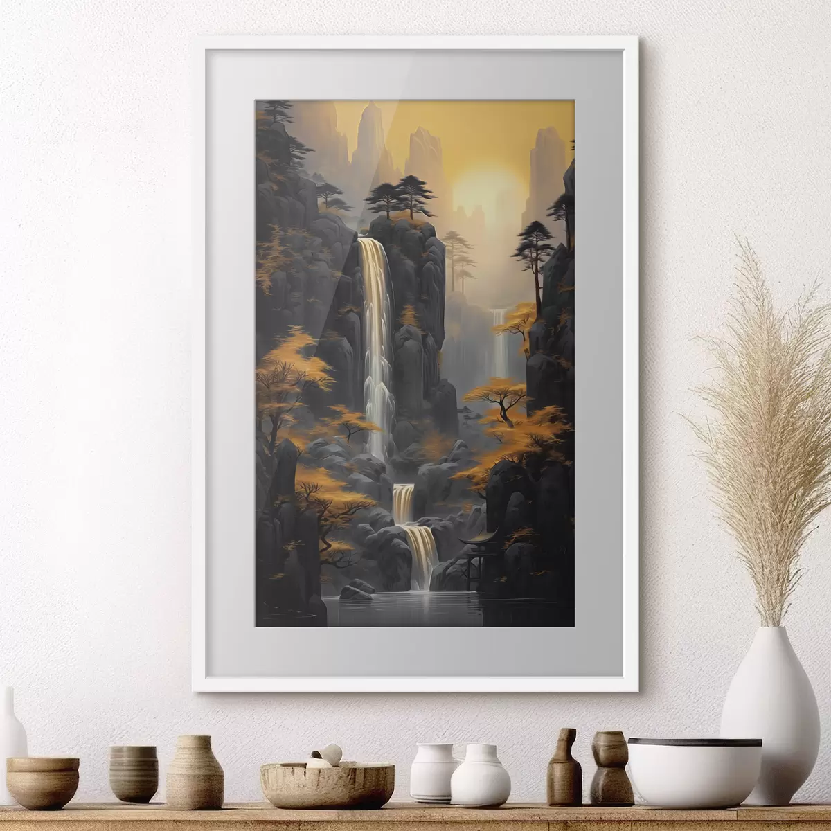 Poster Felsige Landschaft mit einem Wasserfall in warmen Sonnenuntergangsfarben f46177