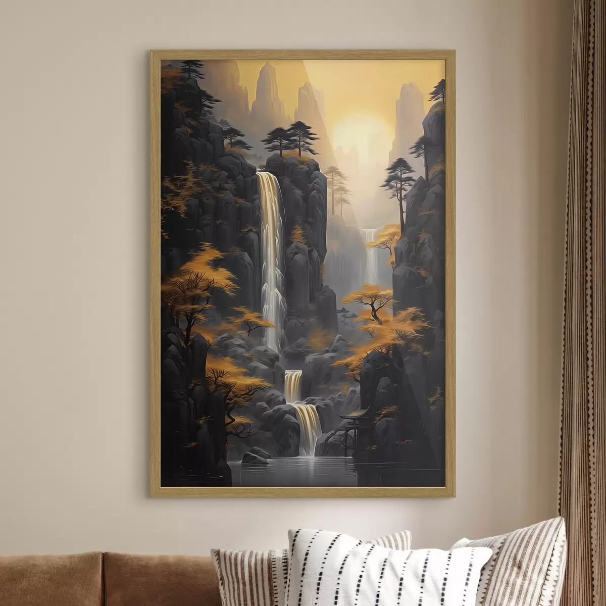 Poster Felsige Landschaft mit einem Wasserfall in warmen Sonnenuntergangsfarben f46177
