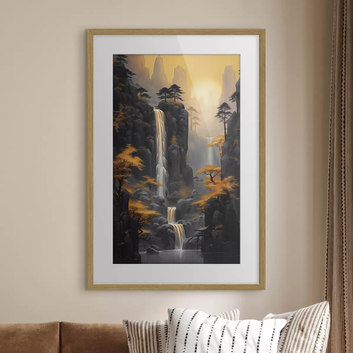 Poster Felsige Landschaft mit einem Wasserfall in warmen Sonnenuntergangsfarben f46177