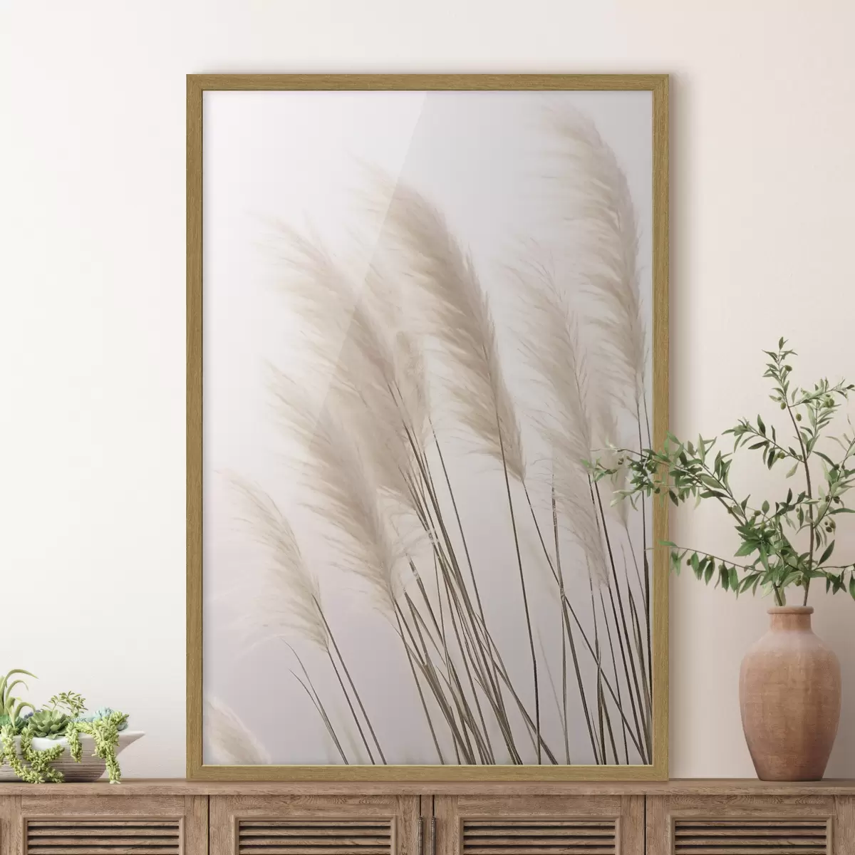 Poster Helle Gräser mit flauschigen Spitzen auf hellem Hintergrund f46179