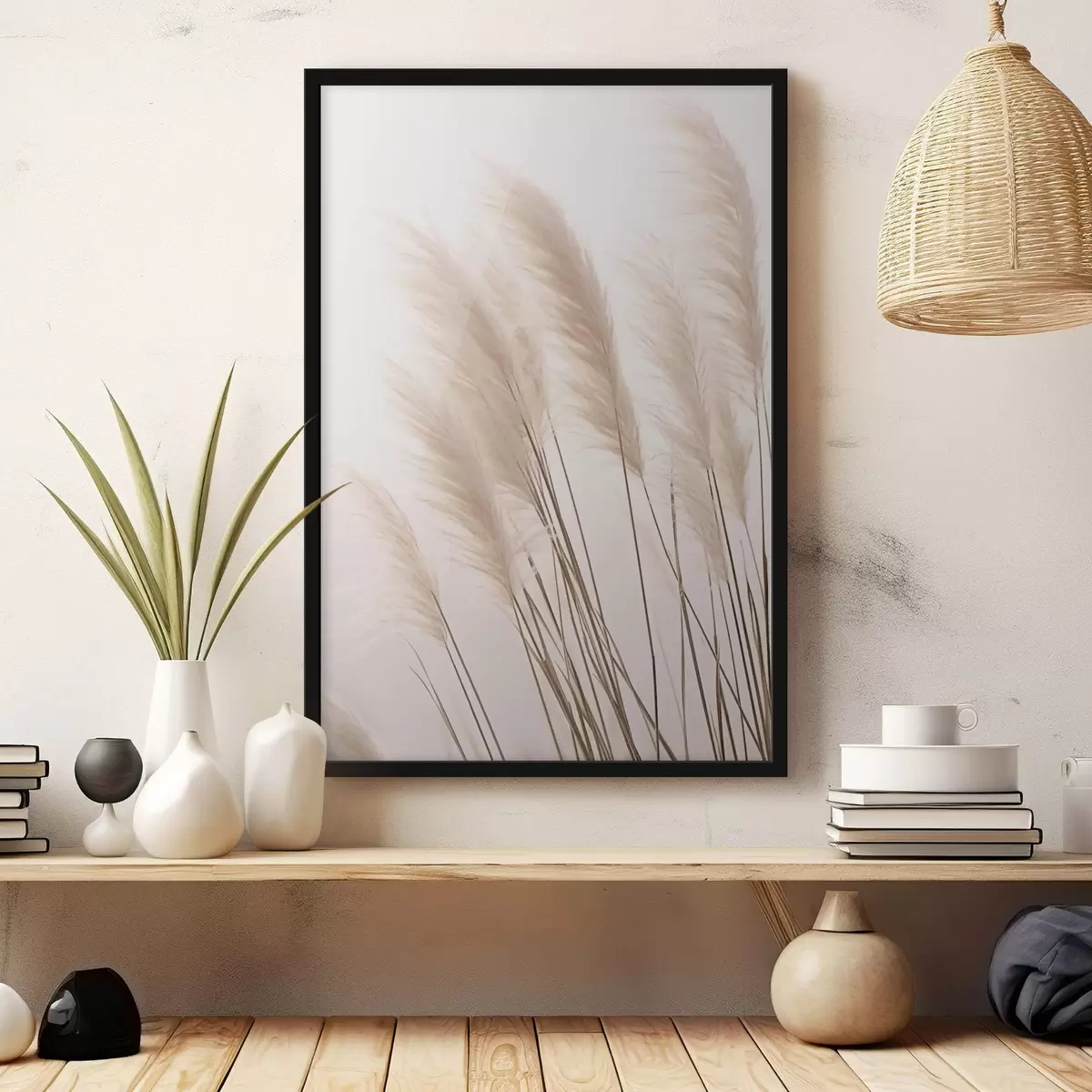 Poster Helle Gräser mit flauschigen Spitzen auf hellem Hintergrund f46179