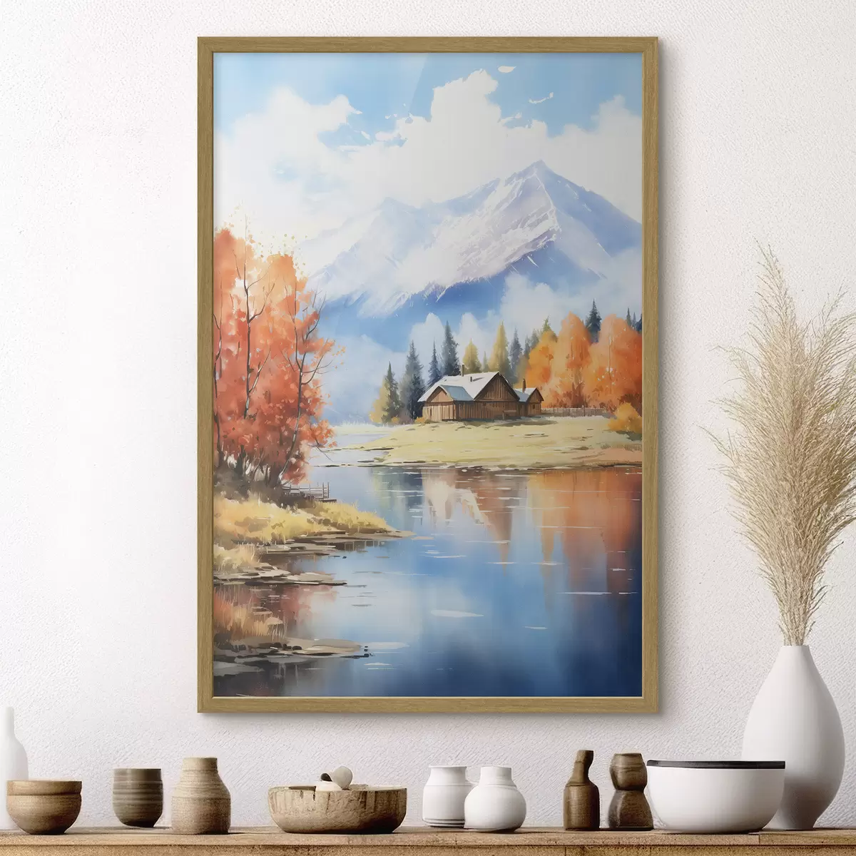 Poster Herbstlandschaft am See mit einem Haus und Bergen f46184