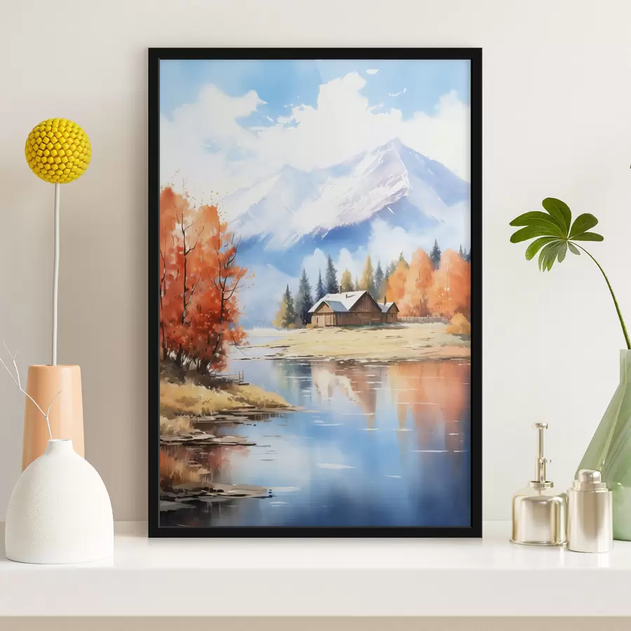 Fototapete Herbstlandschaft am See mit einem Haus und Bergen f46184
