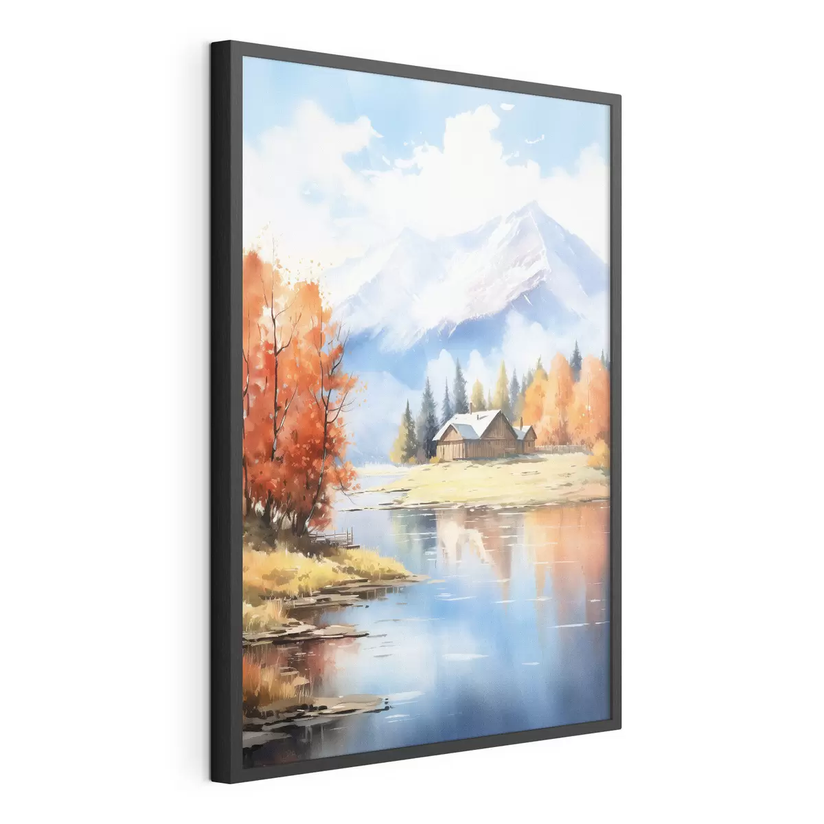 Poster Herbstlandschaft am See mit einem Haus und Bergen f46184