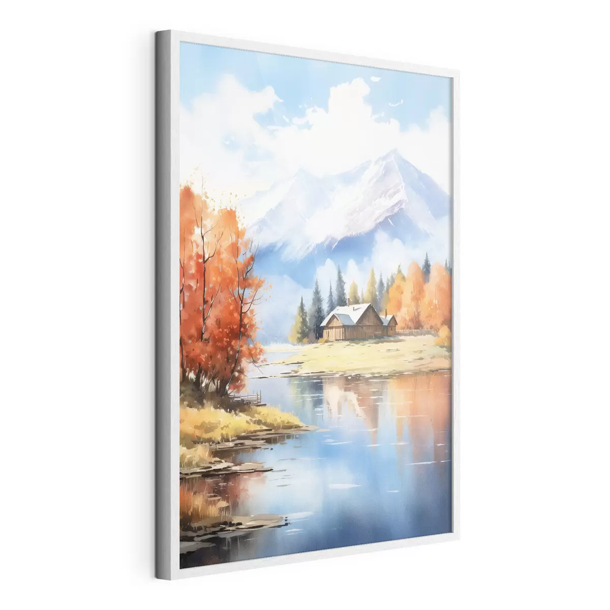 Poster Herbstlandschaft am See mit einem Haus und Bergen f46184