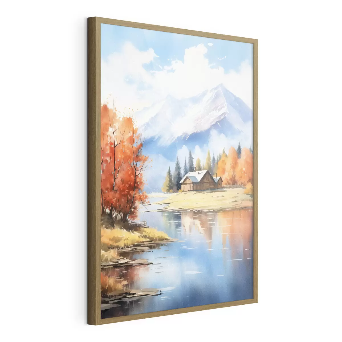 Poster Herbstlandschaft am See mit einem Haus und Bergen f46184