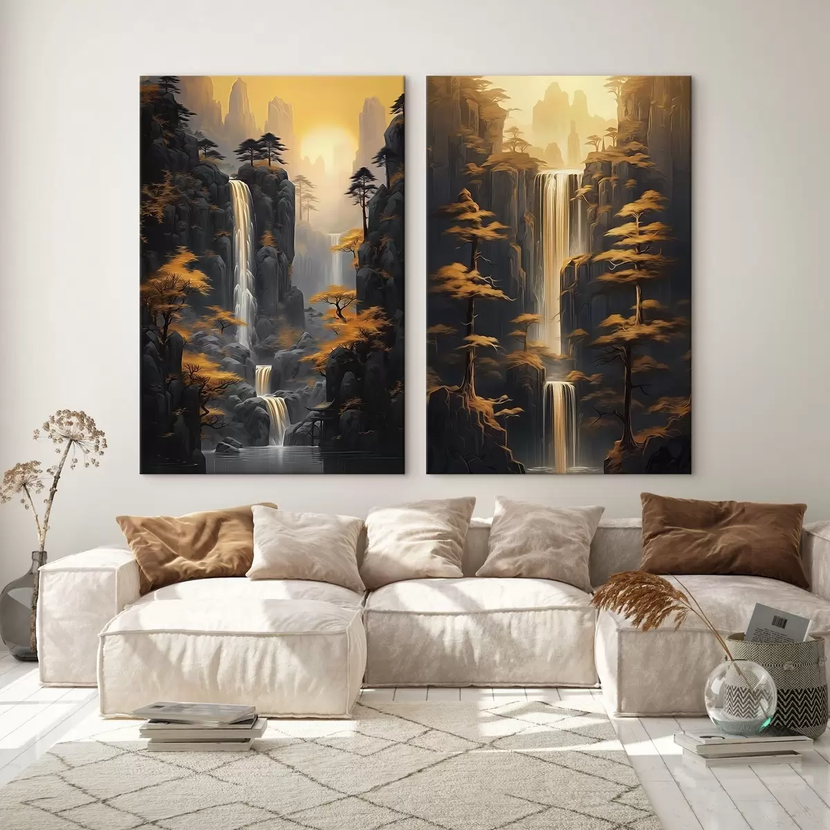 Fototapete Landschaft mit Wasserfall und Bergen in goldenem Licht m00928