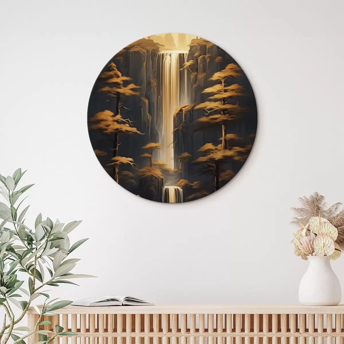 Runde Wandbilder Hohe Klippen mit einem Wasserfall und Kiefern im Abendlicht r46151
