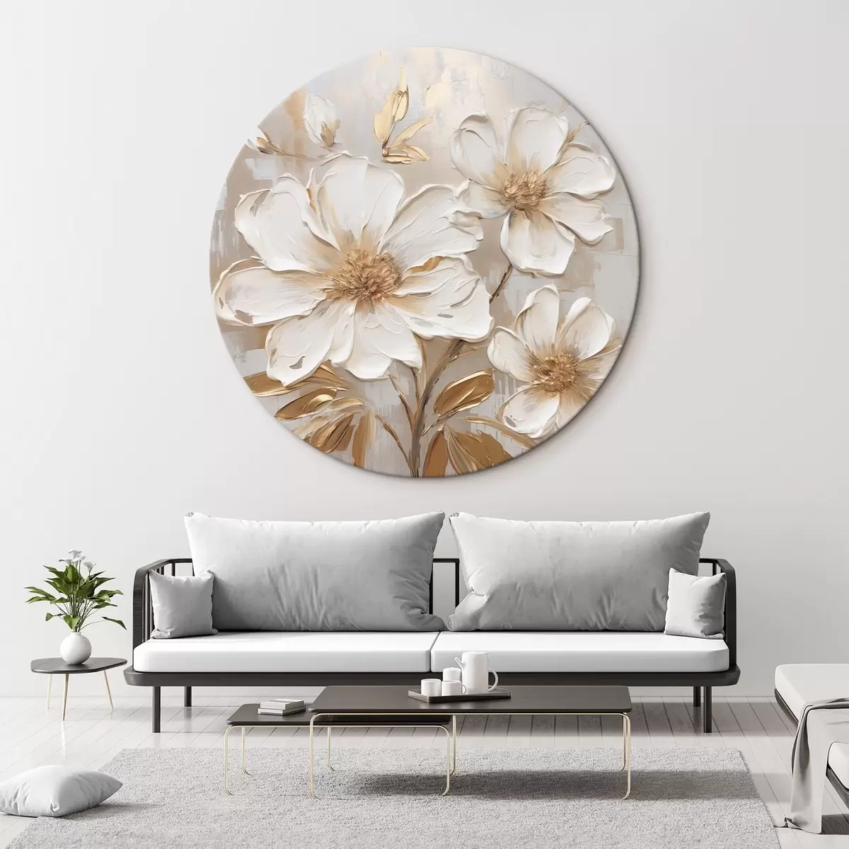 Runde Wandbilder Strukturierte Blumen auf hellem Hintergrund mit warmen Farbtönen r46166