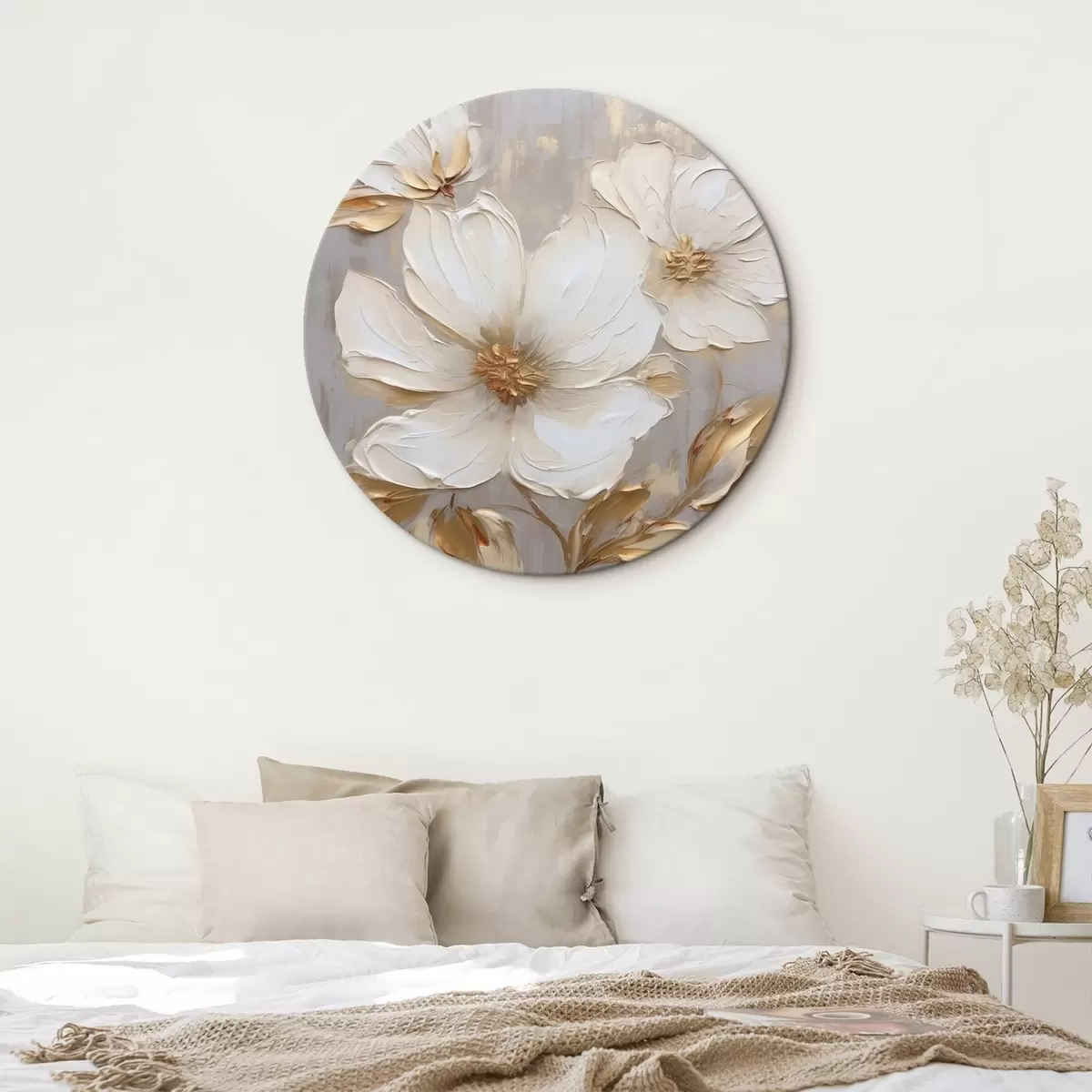 Runde Wandbilder Große strukturierte Blumen mit Pinselstrichen in warmen Farben r46176