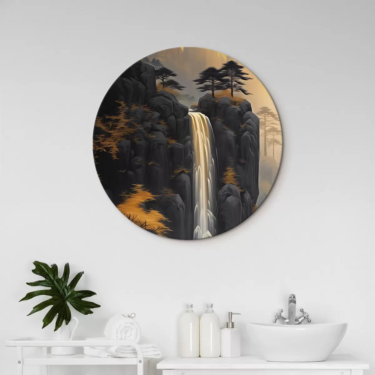 Runde Wandbilder Felsige Landschaft mit einem Wasserfall in warmen Sonnenuntergangsfarben r46177