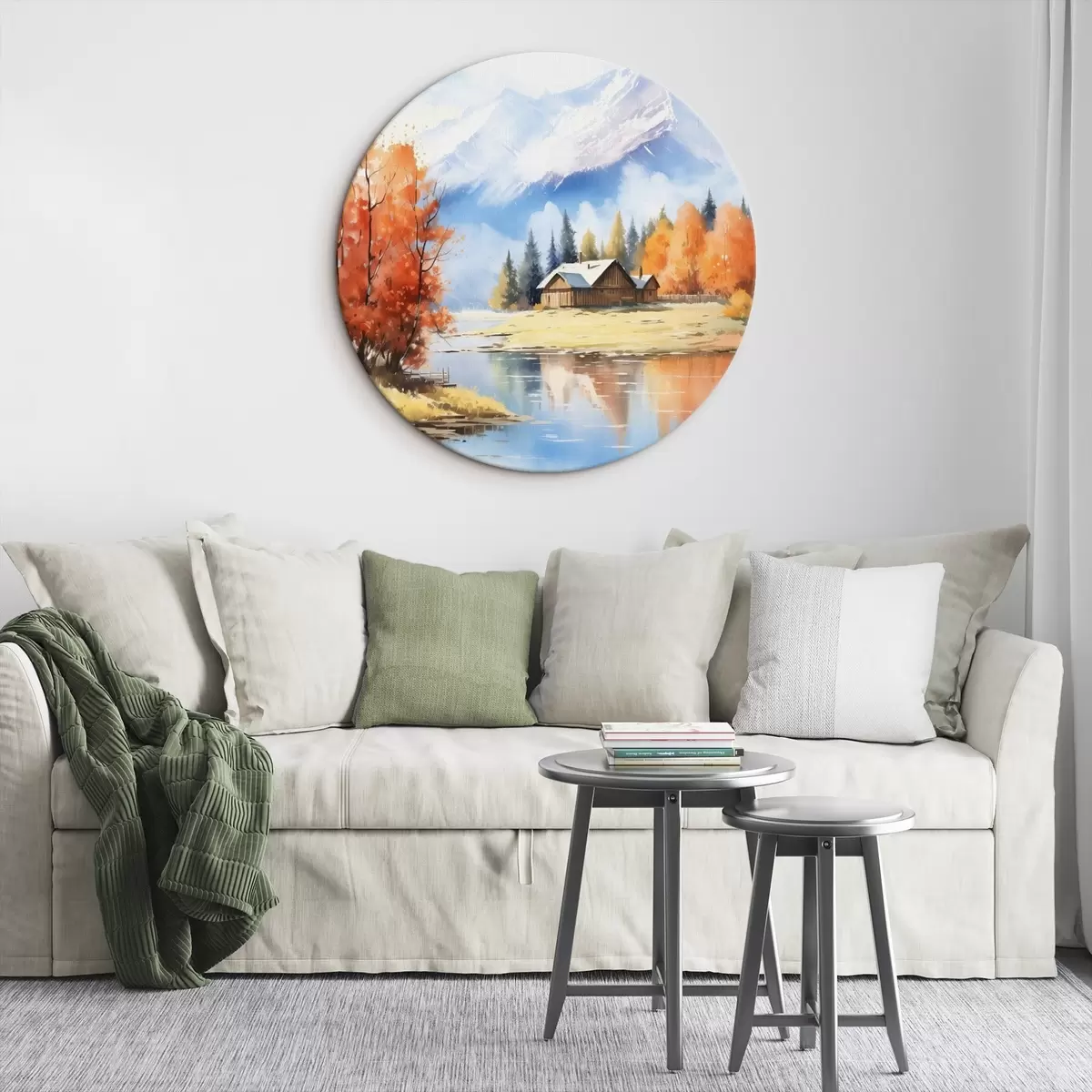 Runde Wandbilder Herbstlandschaft am See mit einem Haus und Bergen r46184