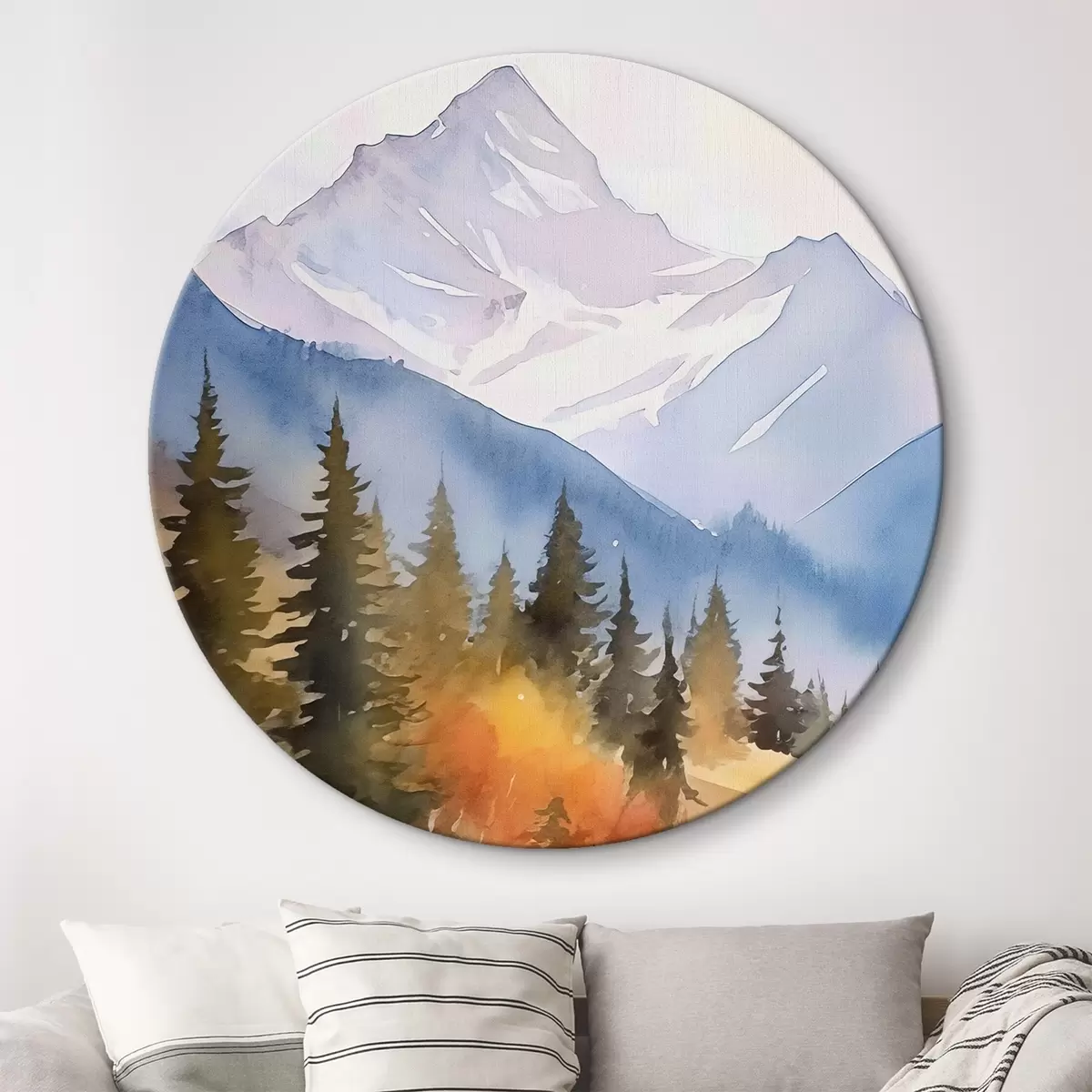 Runde Wandbilder Herbstliche Berglandschaft mit einem Fluss und einem farbenfrohen Wald r46187