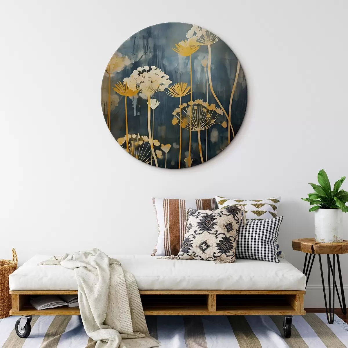 Runde Wandbilder Stilisierte Blumen mit dünnen Stielen auf dunklem Hintergrund r46188