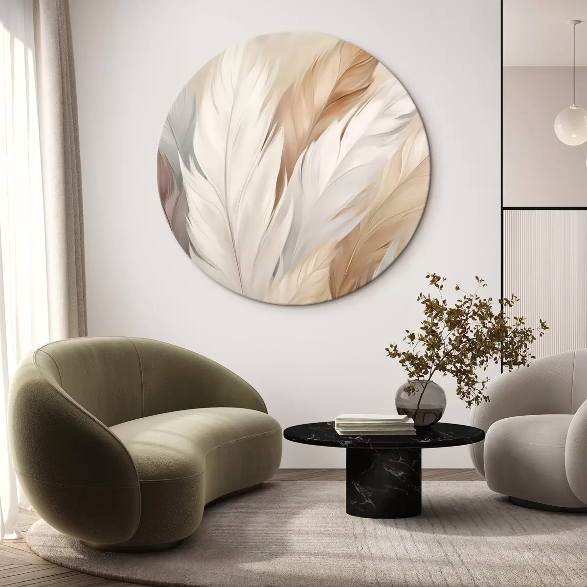 Runde Wandbilder Weiche Federn in Beige- und Grautönen r46190