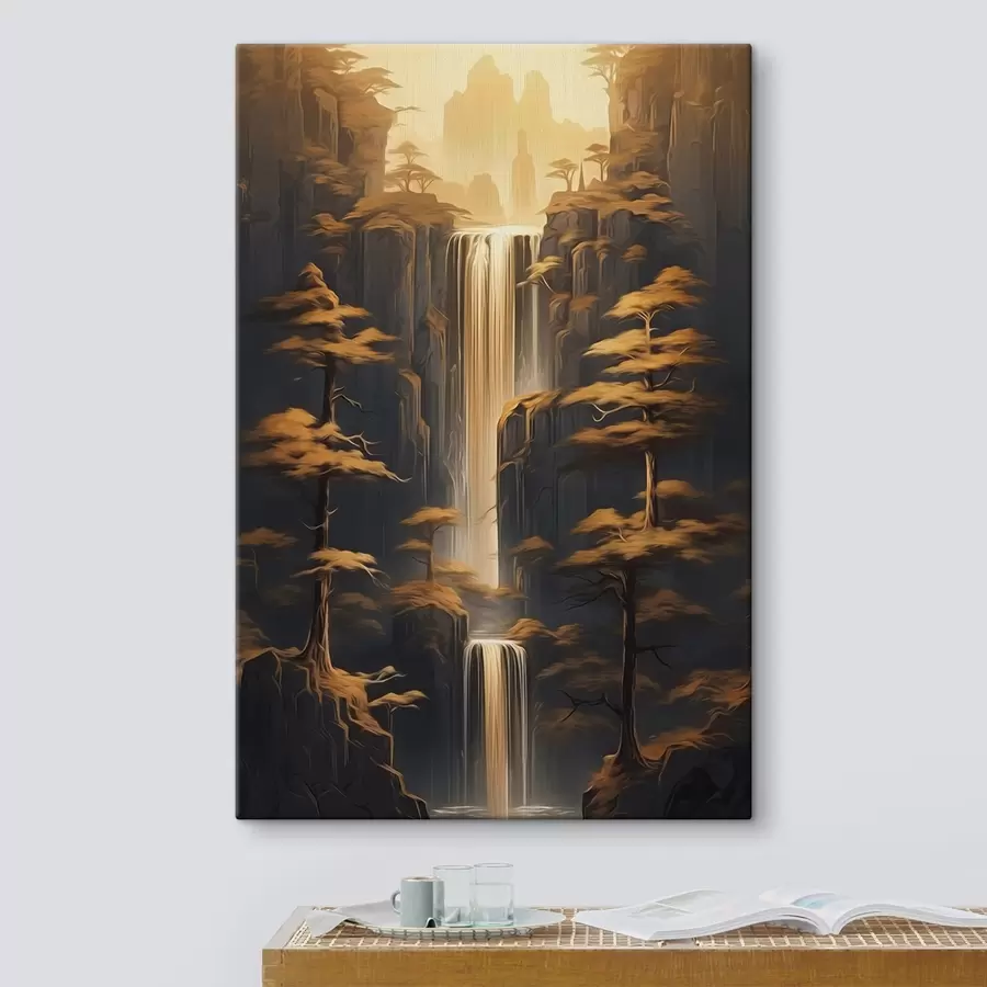 Fototapete Hohe Klippen mit einem Wasserfall und Kiefern im Abendlicht s46151