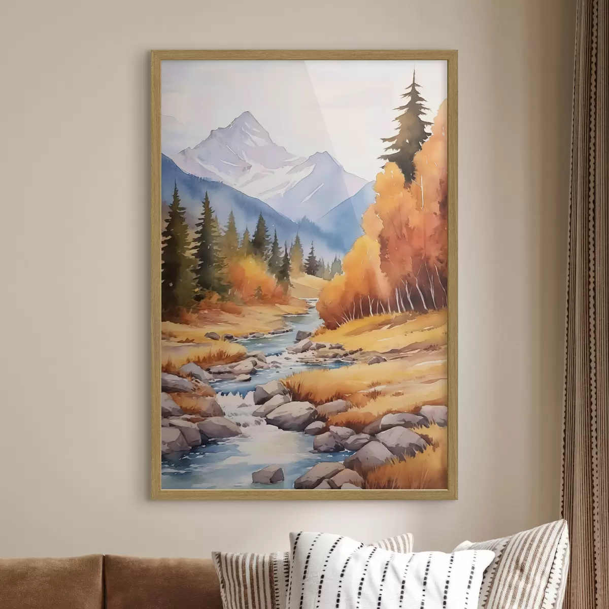 Poster Herbstliche Berglandschaft mit einem Fluss und einem farbenfrohen Wald f46187
