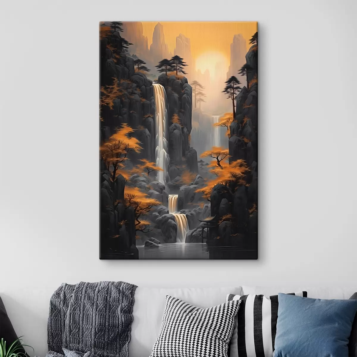 Fototapete Felsige Landschaft mit einem Wasserfall in warmen Sonnenuntergangsfarben s46177