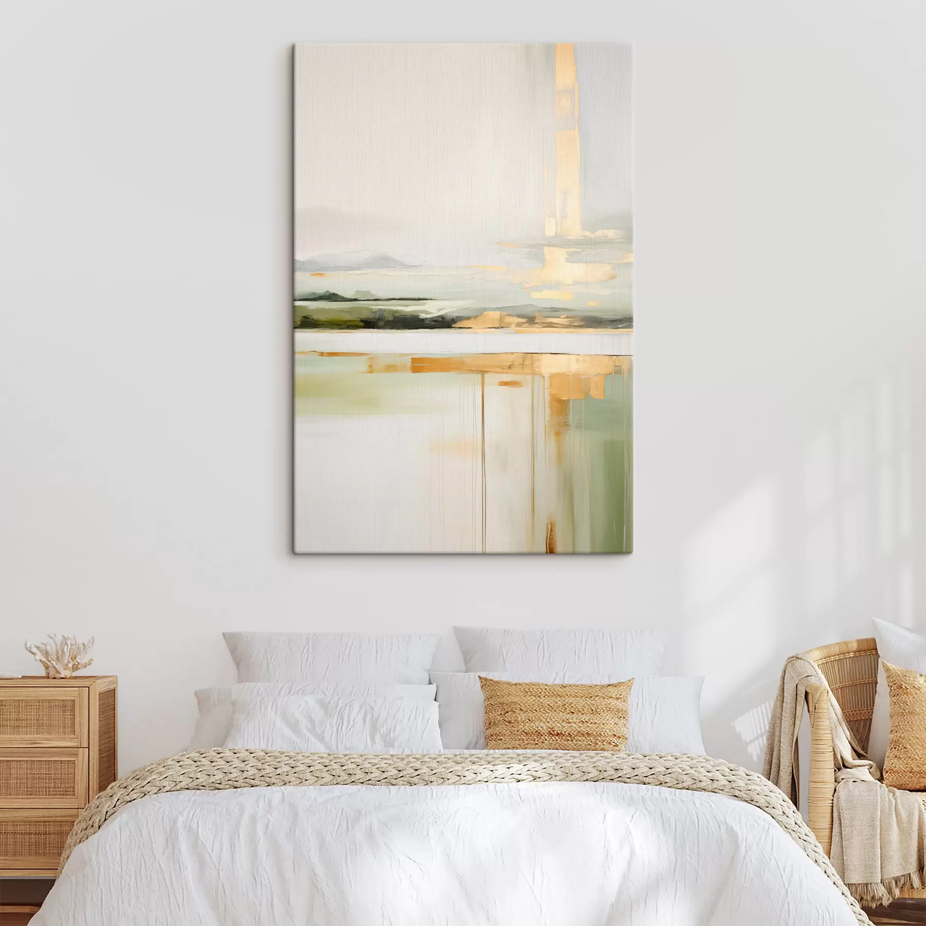 Fototapete Abstrakte Landschaft mit gelben Akzenten, eine minimalistische Komposition aus Land, Wasser und Himmel, mit gedämpften Farben s46268