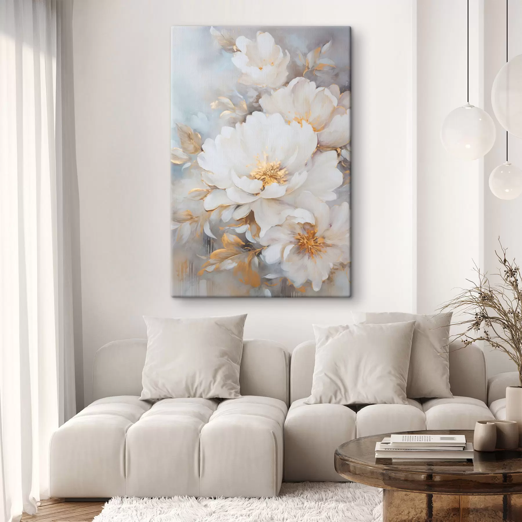 Fototapete Weiße Pfingstrosen mit gelben Blütenkernen und Blättern, sanfte Pinselstriche, hellblauer Hintergrund, Blumenarrangement s46271